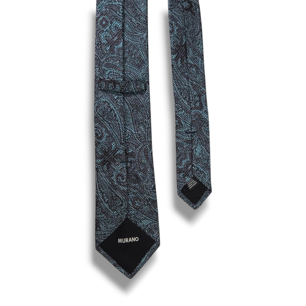 Murano Silk Jacquard Necktie Paisley Teal Black Classic Designer OS - Picture 2 of 4